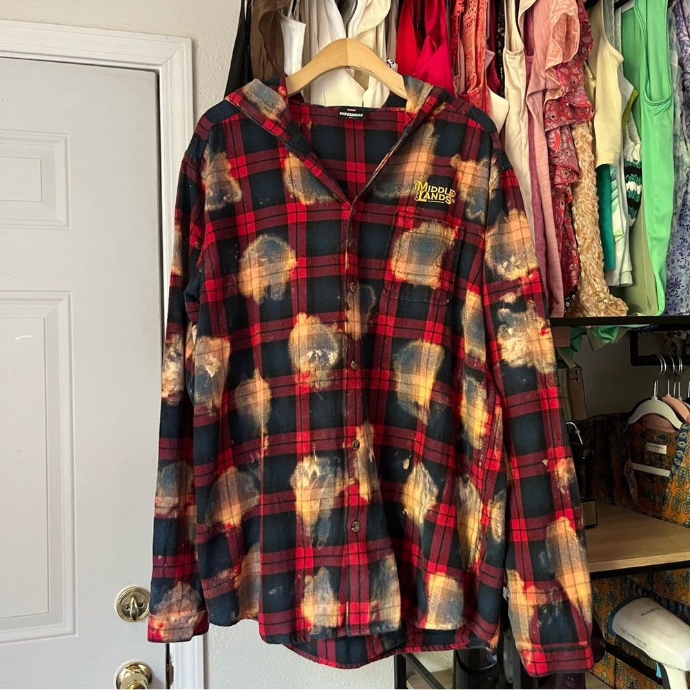 INSOMNIAC men’s red navy plaid flannel bleach tie‎ dye button up hooded shirt